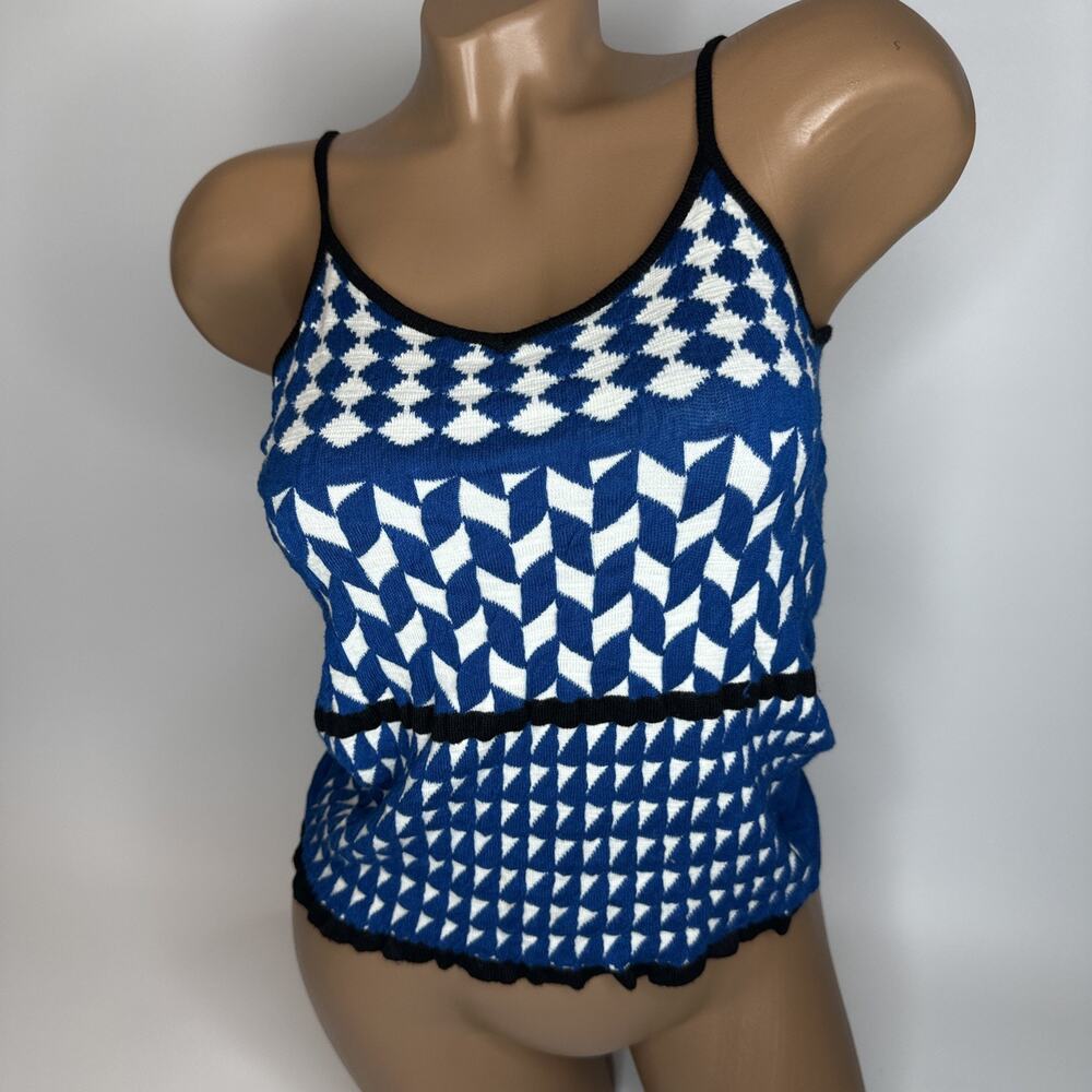 Veeko Wavy Checkered Knit Camisole Top Blue White Harajuku Y2K OS Sweater Tank